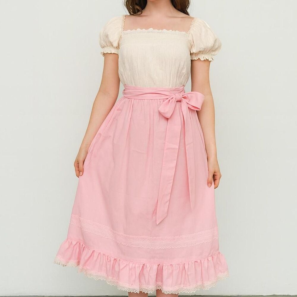 Vintage 70s 1970s long Pink fairy skirt with lace trim and bow - Picture 6 of 6